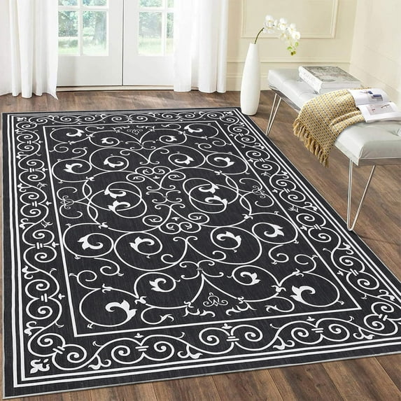 Garvee Large Area Rug 9'x12' Modern Floral Washable Area Rugs Indoor Non-Shedding Low Pile Carpet Rugs for Living Room Bedroom, Black