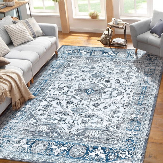 Garvee Large Boho Area Rug 9x12 Vintage Machine Washable Rug for Living Room Bedroom Non Slip Non-Shedding Indoor Floral Carpet, Grey/Blue