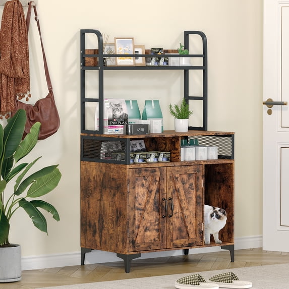 WhizMax Large Hidden Cat Litter Box Enclosure Furniture with Shelf Storage Wood Sturdy Cat Washroom Storage, Brown