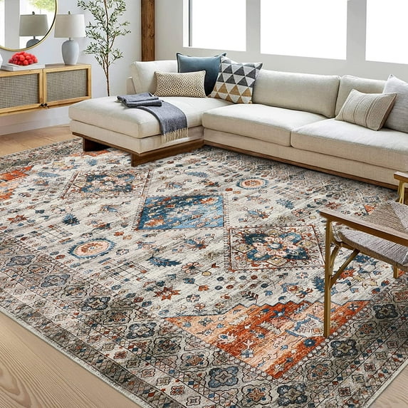 Garvee Large Rug 9'x12' Washable Vintage Distressed Indoor Rug Boho Tribal Rug Non-Slip Low Pile Print Accent Rugs for Living Room Bedroom, Taupe