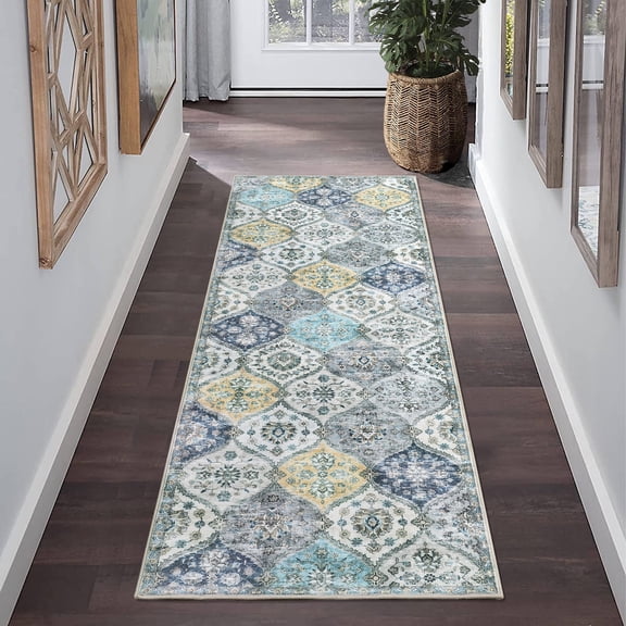 Garvee Long Runner Rug 2x6 Washable Floral Print Rug Moroccan Trellis Runner Rug Vintage Persian Distressed Rug Runner for Laundry Room Kitchen, Blue Yellow
