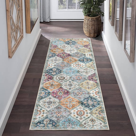Garvee Long Runner Rug 2x6 Washable Floral Print Rug Moroccan Trellis Runner Rug Vintage Persian Distressed Rug Runner for Laundry Room Kitchen, Yellow Purple