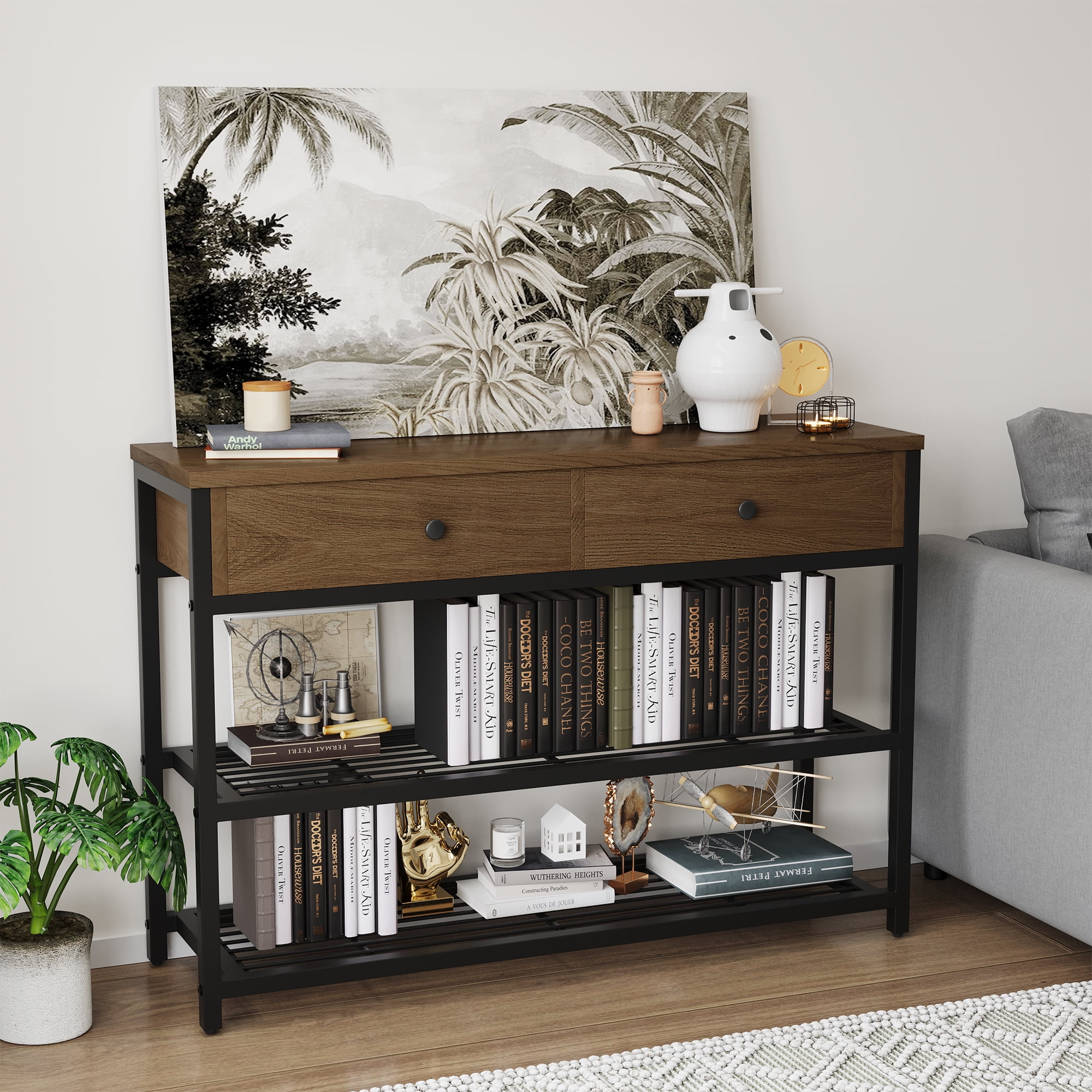 WhizMax Modern Metal Frame Console Table with 2 Drawers and 2 Tiers