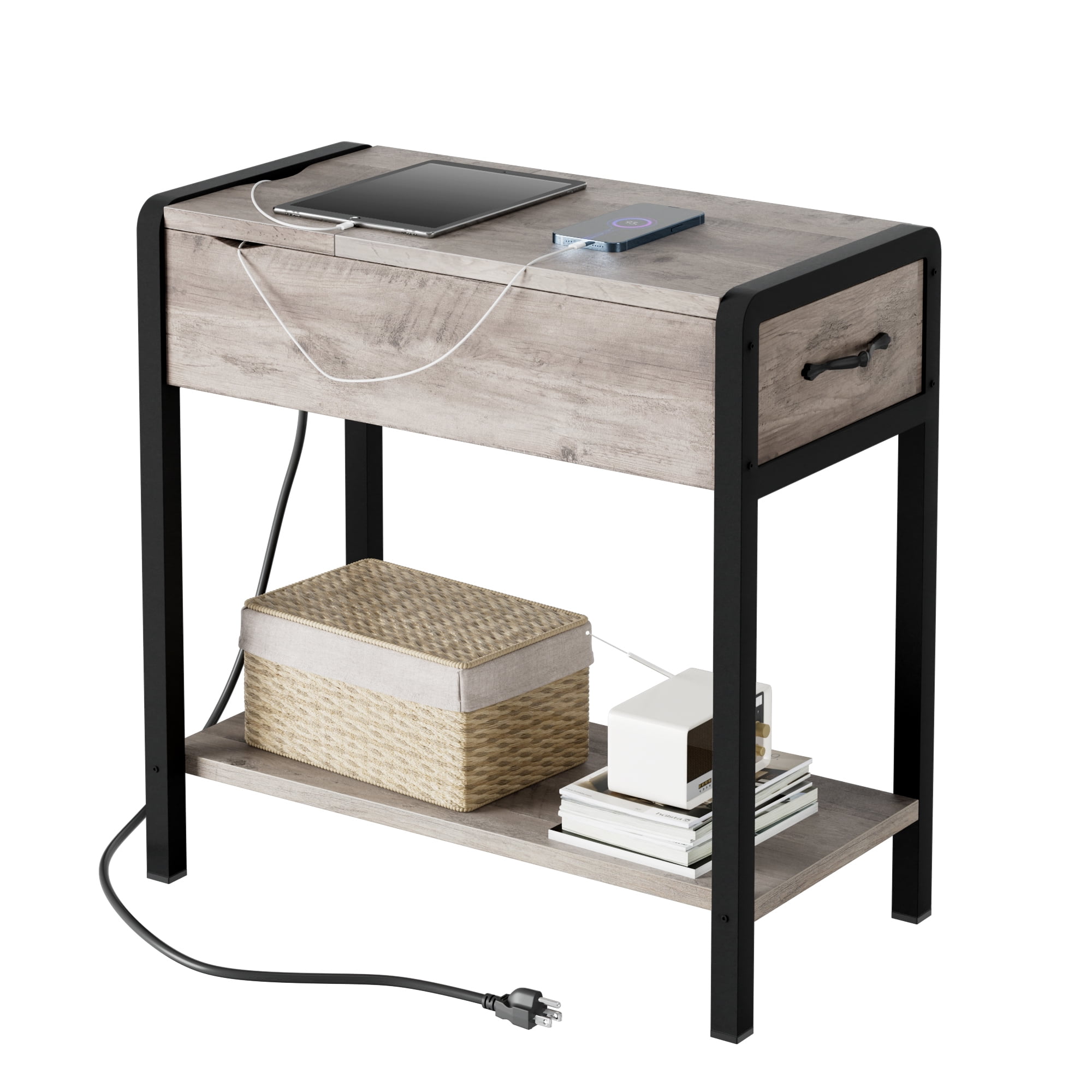 WhizMax Narrow End Table with Charging Station, Side Table with USB Ports and Outlets
