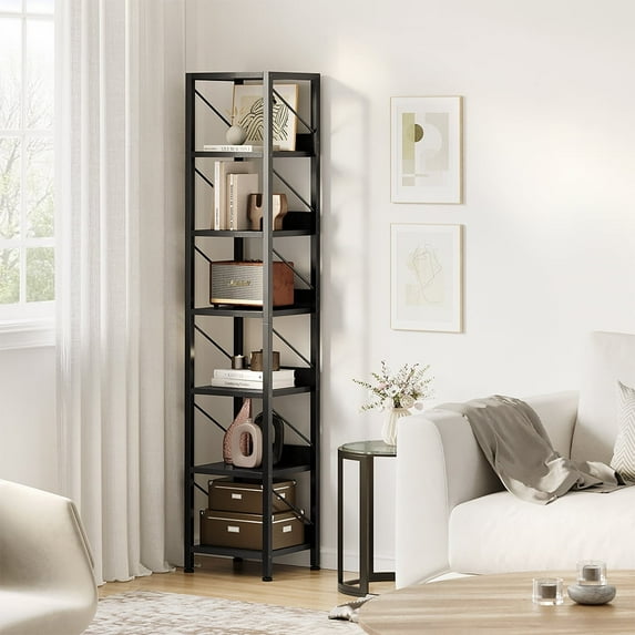 WhizMax Narrow Tall Bookcase, 6-Tier Rustic Corner Shelf, Metal Frame, Freestanding, for Bedroom & Living Room