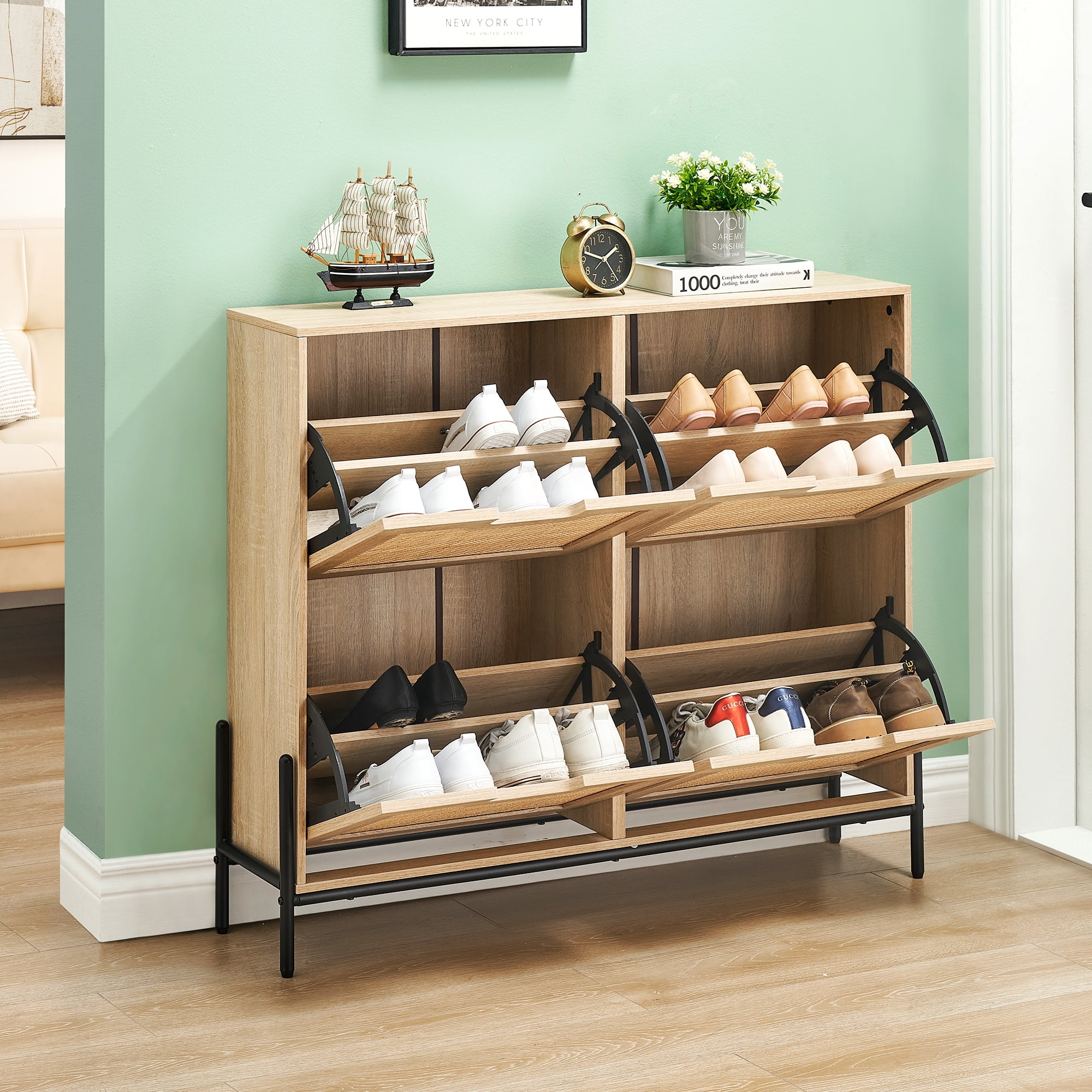 Natural Oak and Black Metal 4-Door Flip Shoe Cabinet