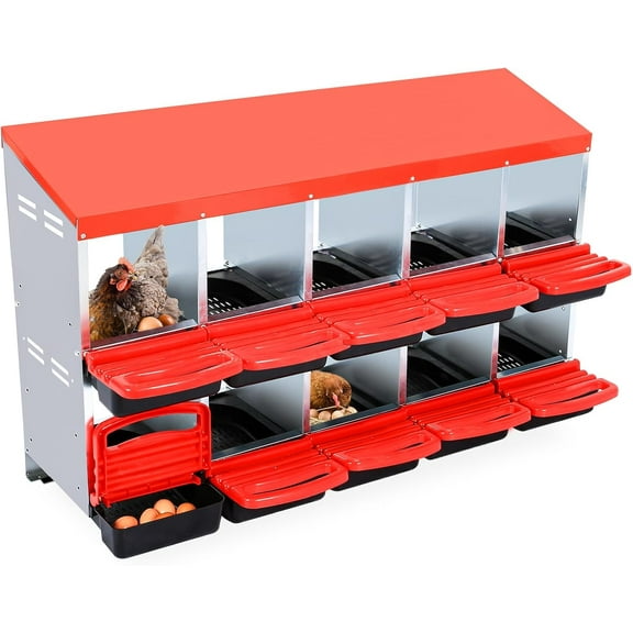 WhizMax Nesting Boxes for Chickens, Chicken Nesting Box, Roll Away Nesting Box, Chicken Laying Boxes, Nesting Box for Hens with Lid Cover for Chicken Coop, 10 Compartments, Red