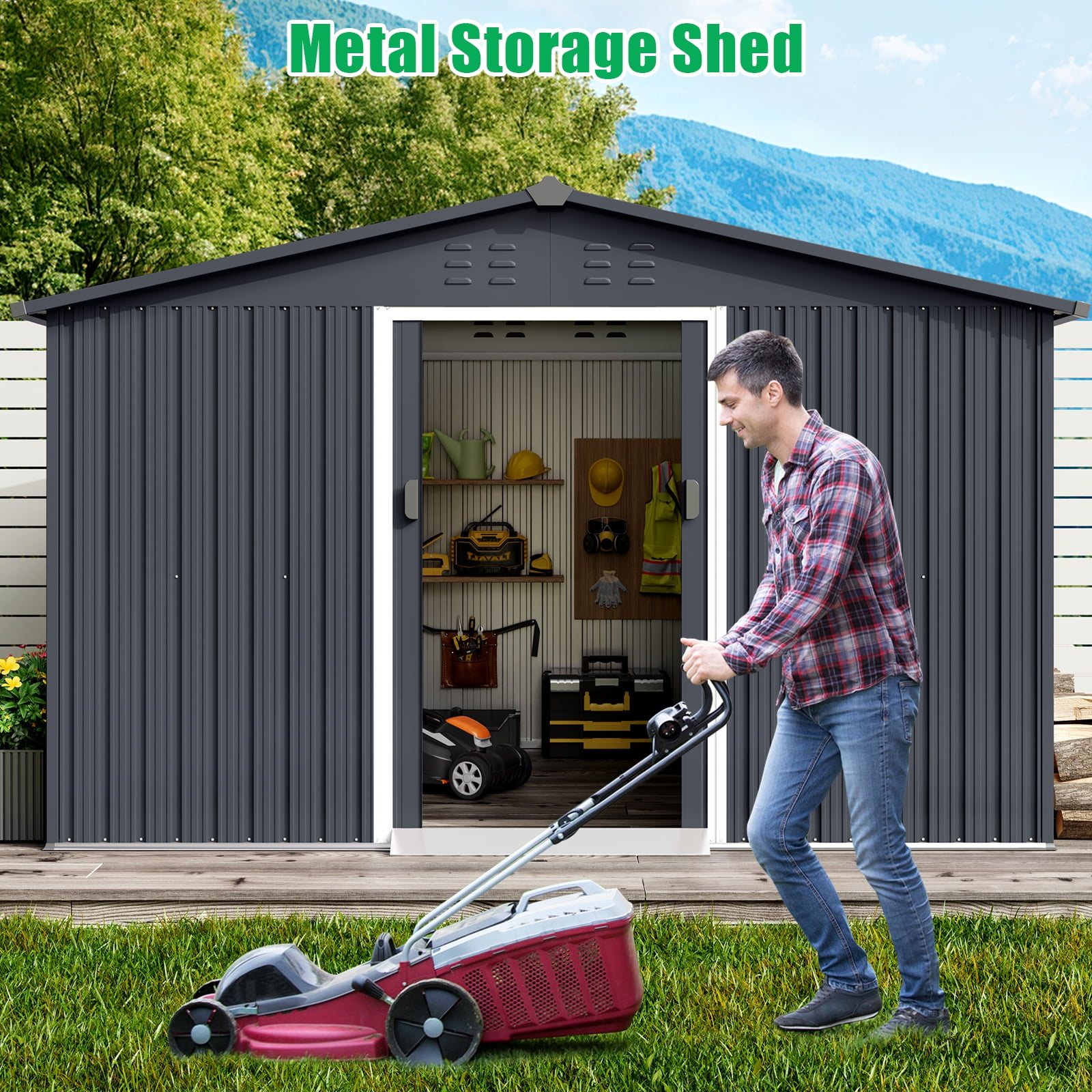 8' x 12' Gray Metal Outdoor Storage Shed with Sliding Doors