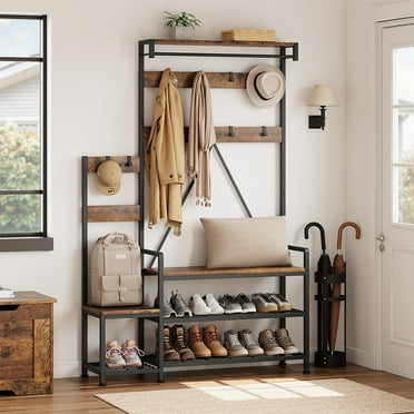 Garvee Parent-Child Coat Rack Shoe Bench, Industrial Hall Tree with Bench and Shoe Storage Coat Tree Entryway Large Organizer with Shoe Rack, Hooks, and Top Shelf-Brown