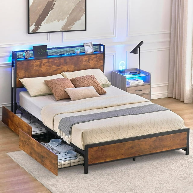 WhizMax Queen Bed Frame with 4 Storage Drawers and Charging Station ...