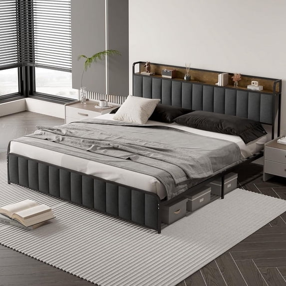 WhizMax Queen Bed Frame with Storage Headboard and Charging Station, Upholstered Platform Bed Frame, No Box Spring Needed