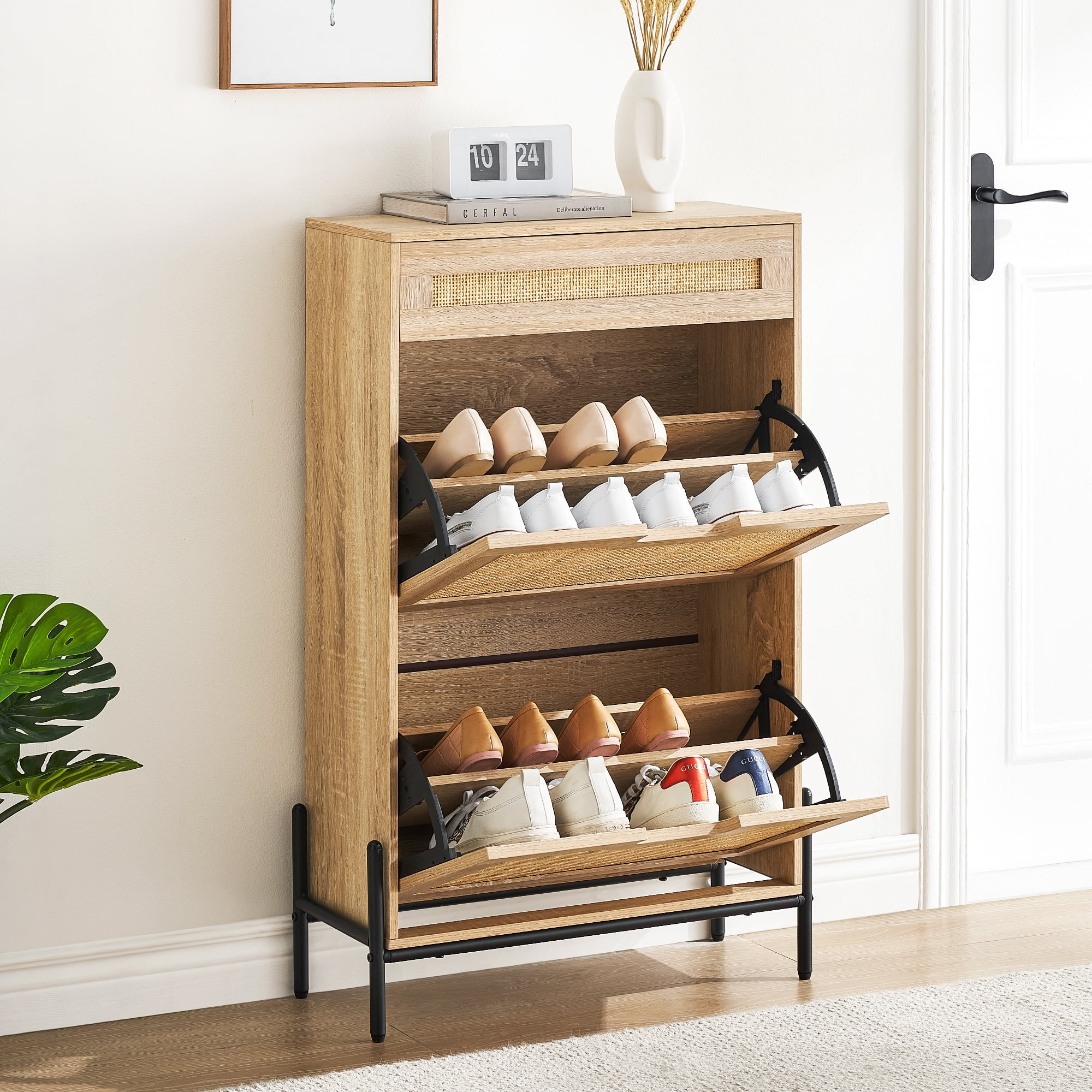 WhizMax Rattan Entryway Shoe Cabinet Shoe Storage Organizer with Hidden Drawers and Open Shelves Shoe Rack Storage Cabinet for Entryway Entrance