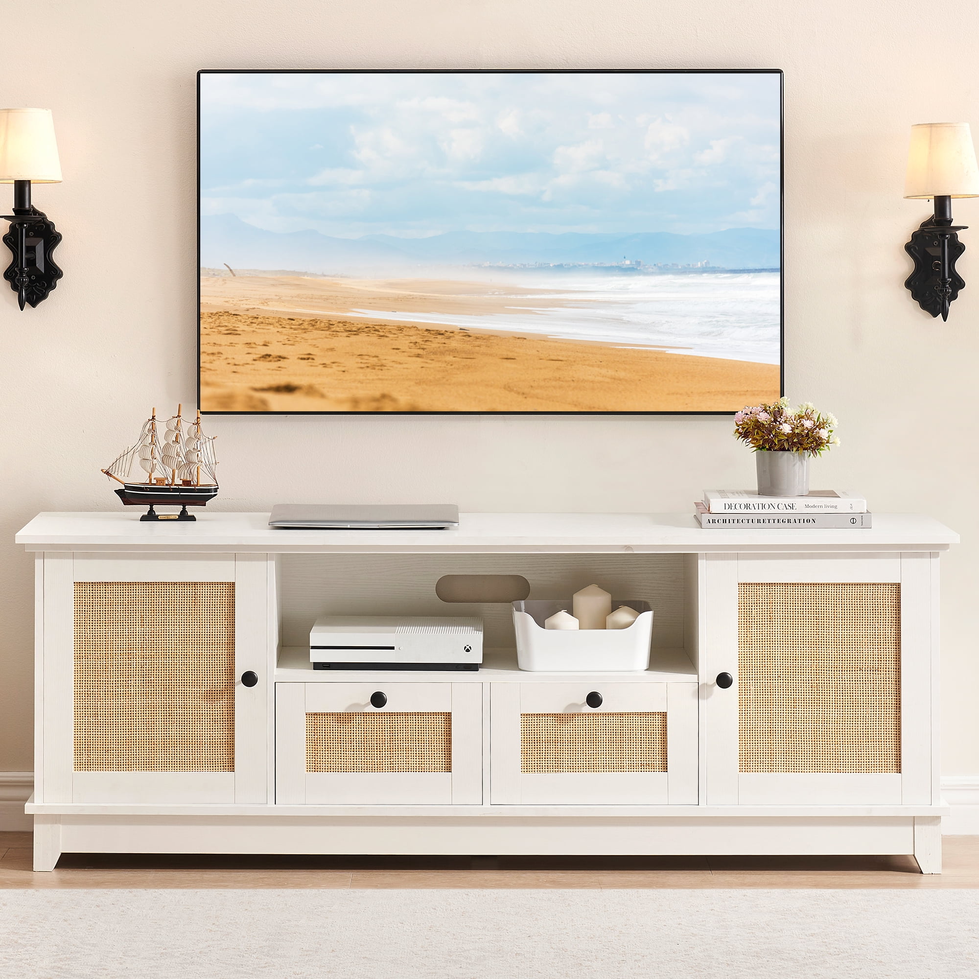 WhizMax Rattan TV Stand for 65 Inch TV with Storage and Mesh Door TV Console Cabinet Furniture for Living Room White