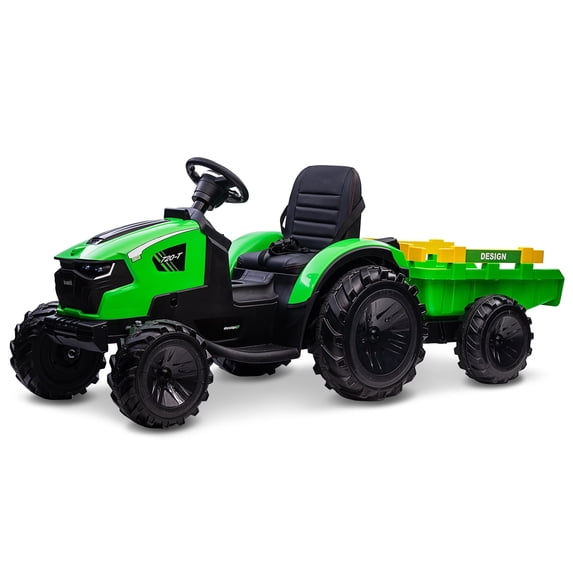 Yesfashion Ride on Tractor with Trailer, 12V Kids Electric Vehicle 80W Dual Motors with Detachable Trailer, Remote Control, LED Light, Music, USB & Bluetooth, Best Gifts
