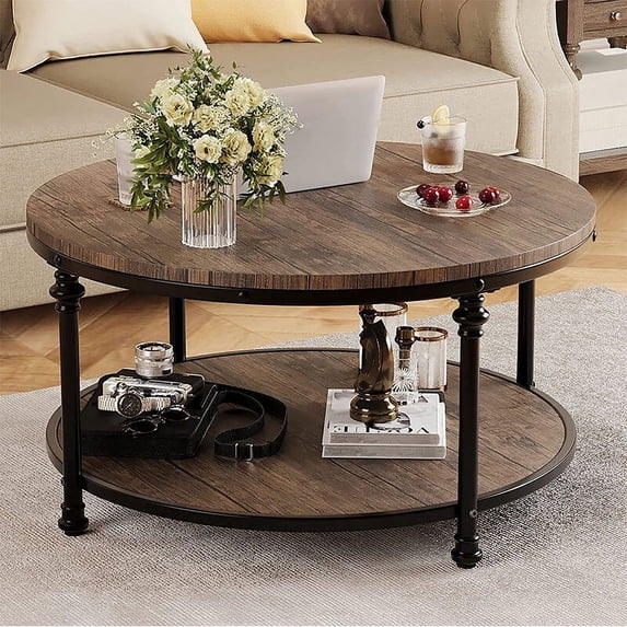 WhizMax Round Coffee Table for Living Room Rustic Center Table with Storage Shelf Wood Circle Coffee Table with Sturdy Metal Legs, Easy Assembly, Light Walnut