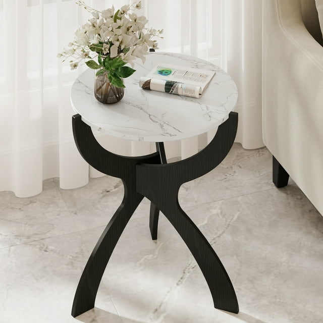 WhizMax Round Side Table, White End Table with Faux Marble Top and