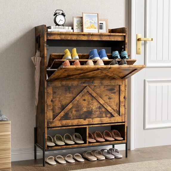 WhizMax Shoe Storage Cabinet with 2 Flip-up Drawers, Hidden Shoe Cabinet with Open Storage, Shoe Organizer Cabinet for Entryway, Hallway, Bedroom, Brown