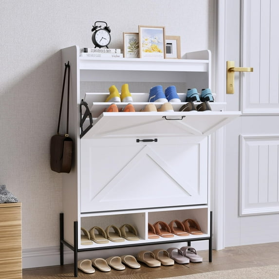 WhizMax Shoe Storage Cabinet with 2 Flip-up Drawers, Hidden Shoe Cabinet with Open Storage, Shoe Organizer Cabinet for Entryway, Hallway, Bedroom, White