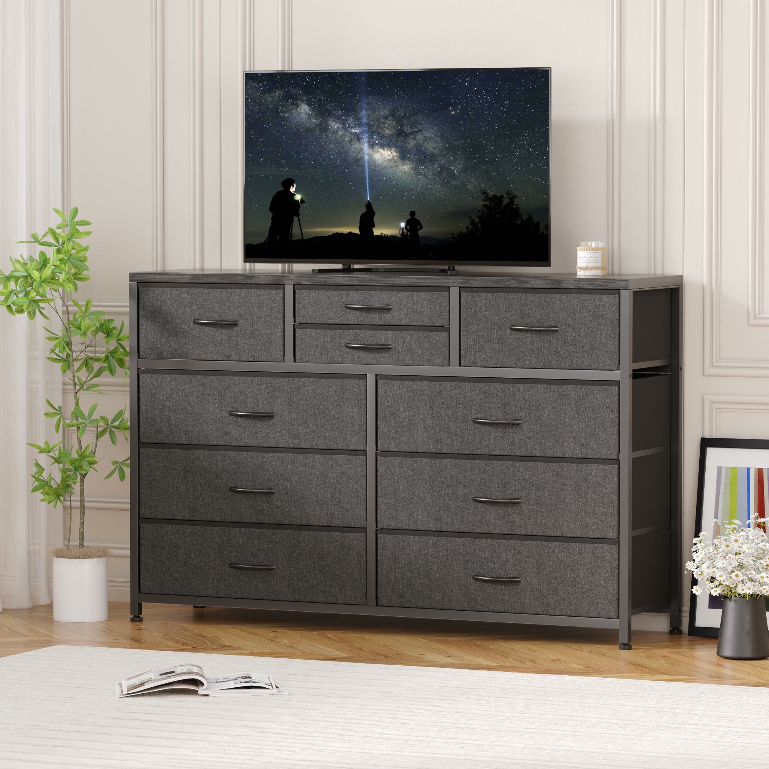 EnHomee Dresser For Bedroom 55 Inch TV Stand With LED Lights & Charging Station 7 Drawers Dresser Chest Of Drawers With Entertainment Center,Black