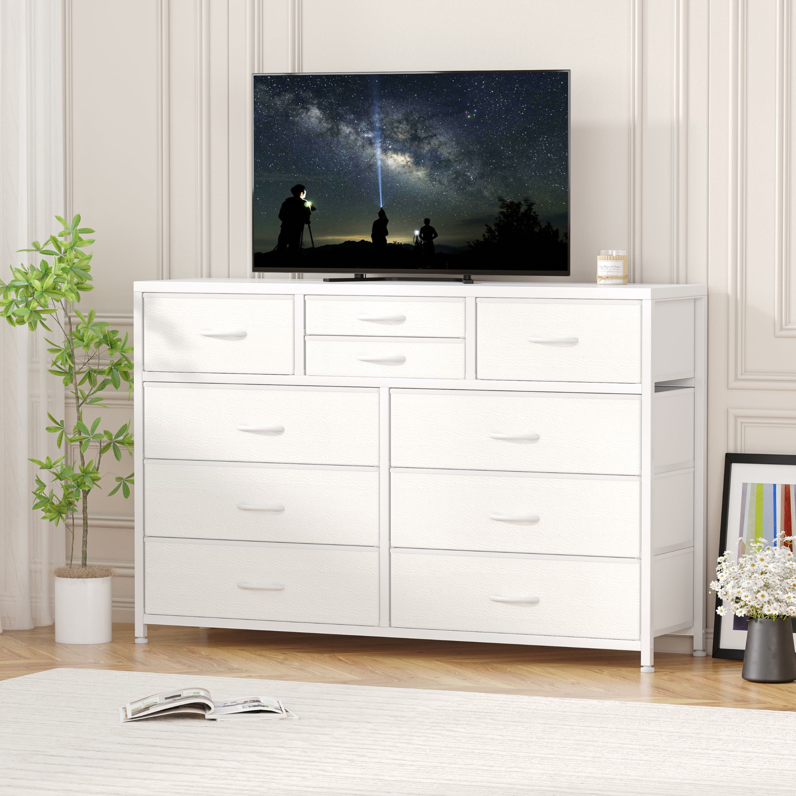 White Extra Deep Drawer TV Stand with Fabric Storage
