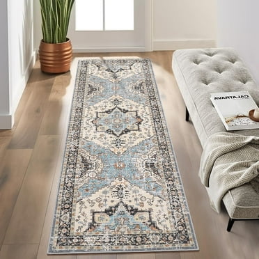 Garvee Vintage Boho Washable Runner Rug 2'x6' Floral Kitchen Bathroom Runner Rug Oriental Distressed Non-Slip Low-Pile Runner for Laundry, Blue/Beige