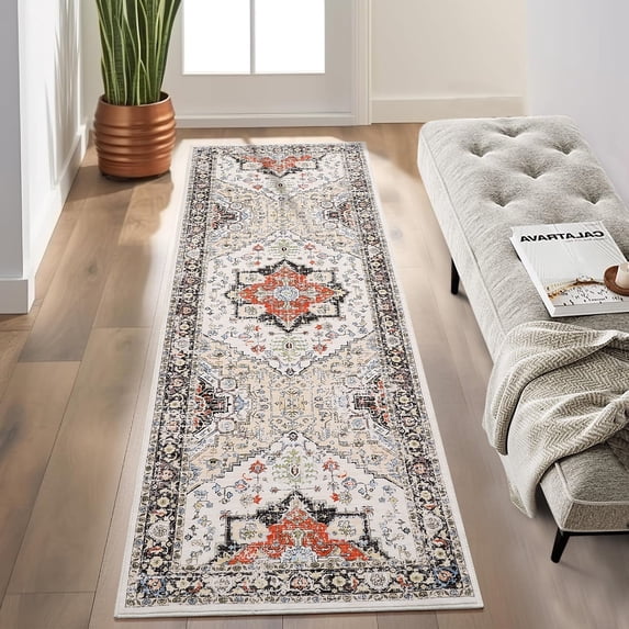Garvee Vintage Boho Washable Runner Rug 2'x6' Floral Kitchen Bathroom Runner Rug Oriental Distressed Non-Slip Low-Pile Runner for Laundry, Yellow Red