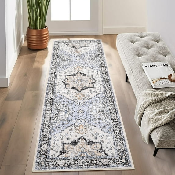 Garvee Vintage Boho Washable Runner Rug 2'x6' Floral Kitchen Bathroom Runner Rug Oriental Distressed Non-Slip Low-Pile Runner for Laundry, Blue/Grey