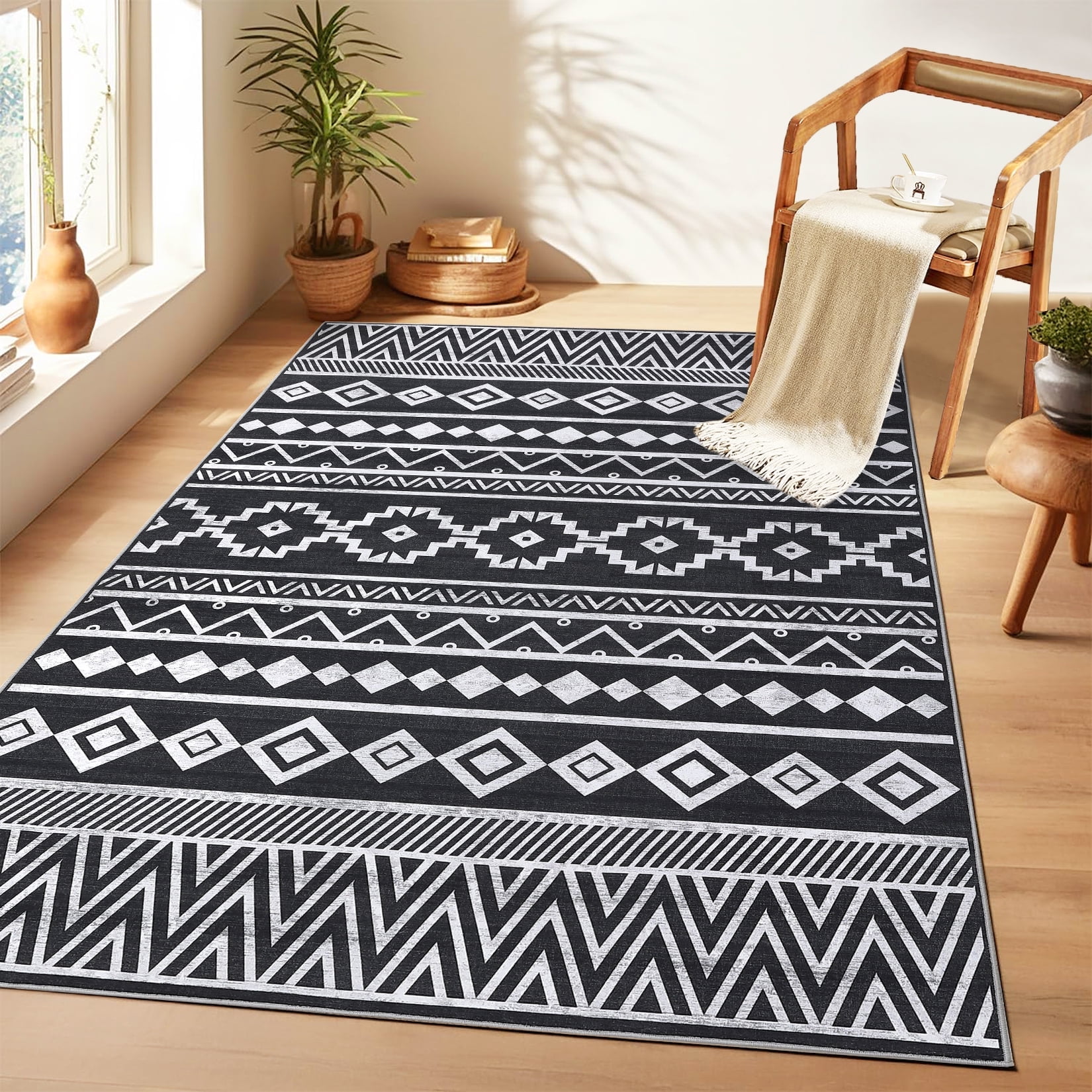 Black and White Geometric Washable 9' x 12' Area Rug