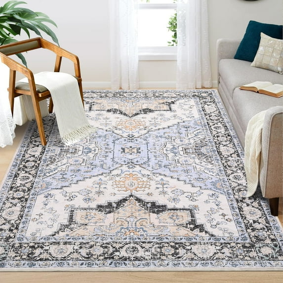 Garvee Washable Oriental Area Rug 5'x7' Boho Rugs for Living Room Soft Waterproof Floral Distressed Indoor Soft Foldable Floor Carpets, Blue/Gray