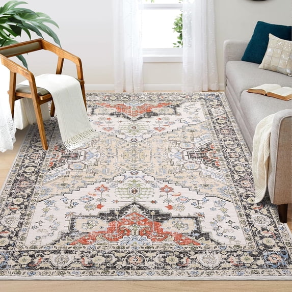 Garvee Washable Oriental Area Rug 5'x7' Boho Rugs for Living Room Soft Waterproof Floral Distressed Indoor Soft Foldable Floor Carpets, Yellow Red