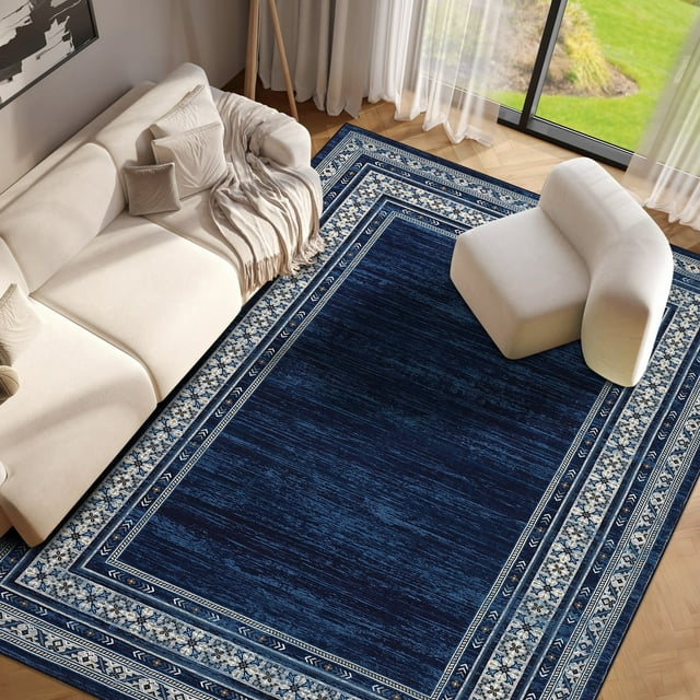 Garvee 10'x13' Area Rug Modern Bordered Rug Floral Rug Washable Rugs Low Pile Non-Slip Rugs for Living Room Bedroom, Blue