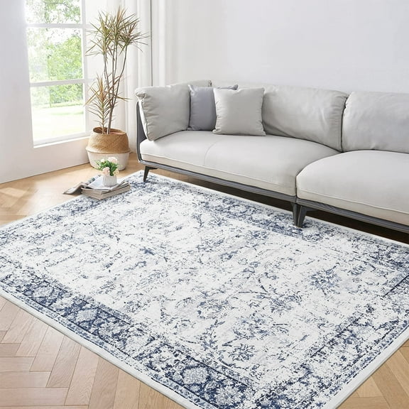Garvee 10'x13' Large Area Rug Vintage Distressed Rug Floral Print Rug Non Slip Low Pile Rugs for Living Room Bedroom, Blue