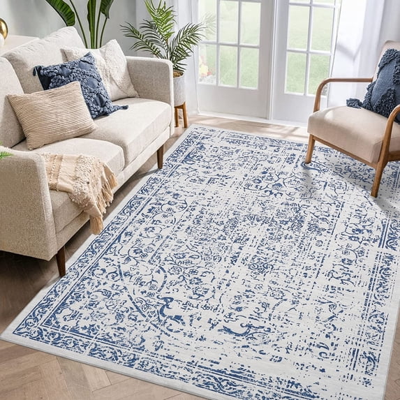 Garvee 10'x13' Large Area Rug Vintage Distressed Rug Floral Rug Non Slip Low Pile Rugs for Living Room Bedroom, Blue
