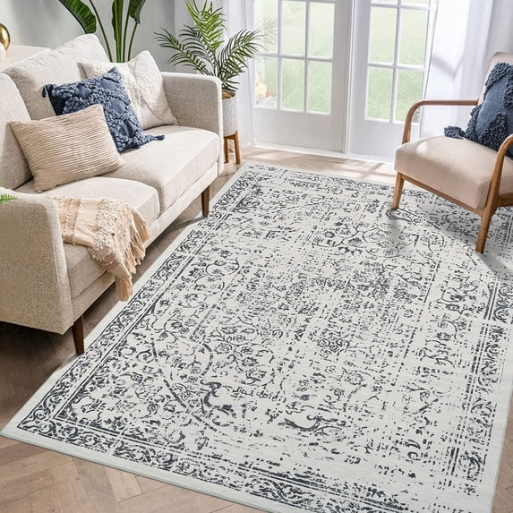 Garvee 10'x13' Large Area Rug Vintage Distressed Rug Floral Rug Non Slip Low Pile Rugs for Living Room Bedroom, Gray