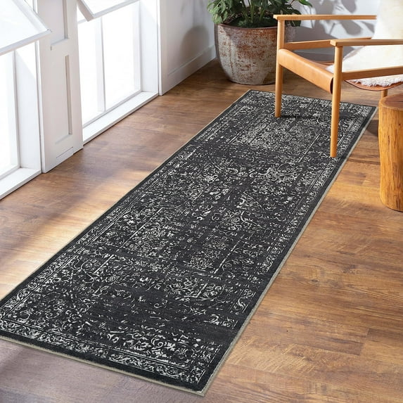 Garvee 2'x6' Hallway Runner Rug Vintage Floral Distressed Runners Non-Slip Bedroom Runner Rugs for Laundry Room, Black