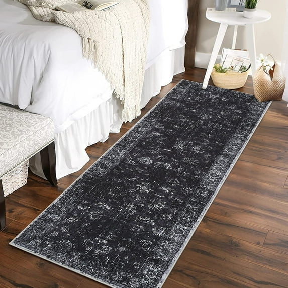 Garvee 2'x6' Runner Rug Vintage Distressed Runners Floral Rugs Non-Slip Bedsides Rug for Laundry Room Kitchen Hallway, Black