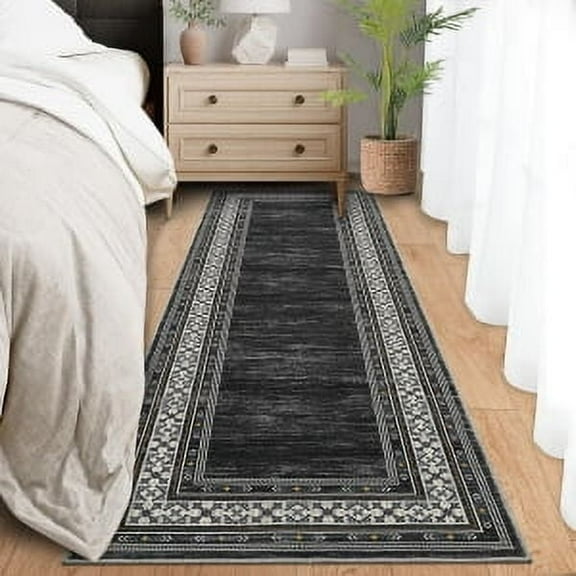 Garvee 2'x6' Washable Runner Rug Modern Bordered Rug Floral Rug Non Slip Bedroom Runner for Laundry Room Kitchen, Black