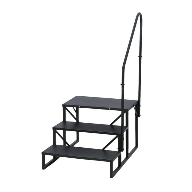 WhizMax Black, 27" x 16", Steel RV Steps, 3-Step Portable Design, Non-Slip Tape with Handrails