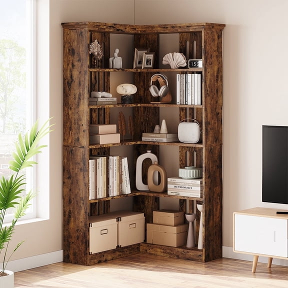 Whizmax 5 Tier 72.8” Corner Bookcase Wood Bookshelf Tall L Shaped Wood Bookshelf (Half Panel, Brown)