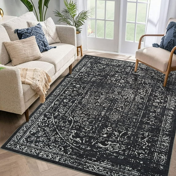 Garvee 5'x7' Machine Washable Area Rug Vintage Distressed Rug Soft Foldable Accent Area Rugs for Dining Room Home Office, Black