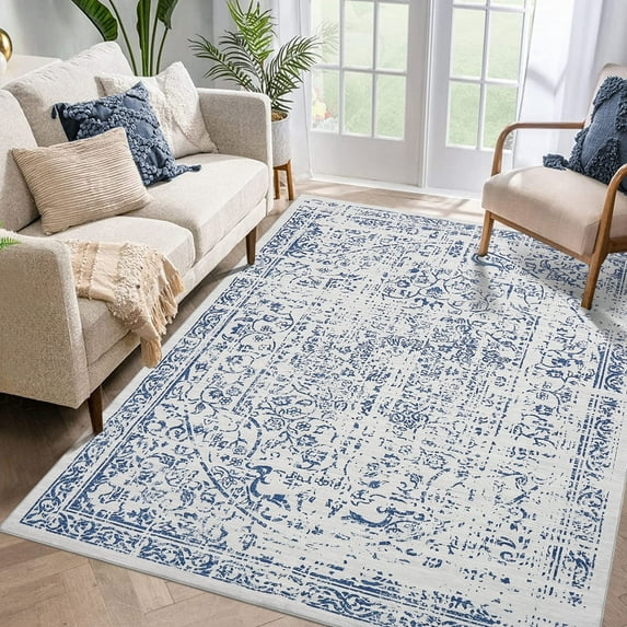 Garvee 5'x7' Machine Washable Area Rug Vintage Distressed Rug Soft Foldable Accent Area Rugs for Dining Room Home Office, Blue