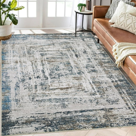Garvee 5'x7' Washable Area Rug Geometric Rug Abstract Rug Soft Non-Shedding Stain Resistant Rugs, Blue