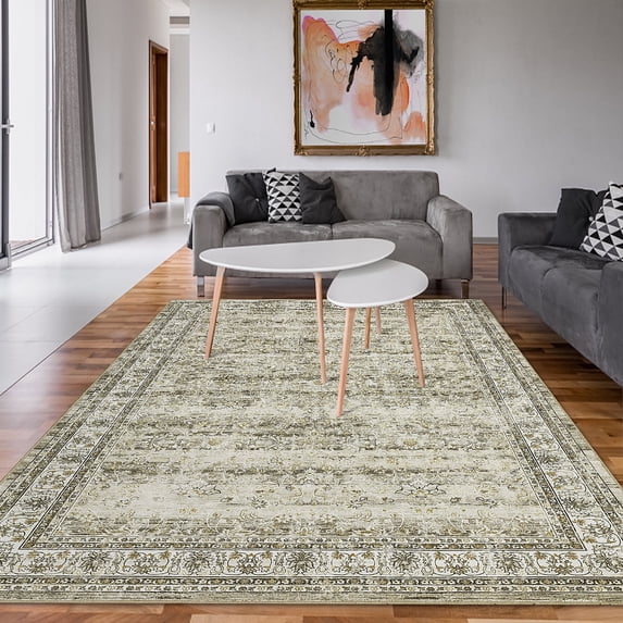 Garvee 6'x9' Vintage Floral Area Rugs for Living Room Bedroom Traditional Non Slip Low Pile Soft Carpet, Tan