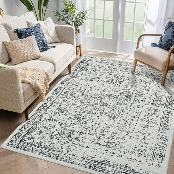 Garvee 9'x12' Area Rug Vintage Distressed Rug Floral Rug Non-Shedding Stain-Resistant Area Rugs for Living Room Bedroom, Gray