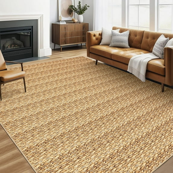 Garvee 9'x12' Contemporary Braided Print Area Rug Low Pile Stain-Resistant Soft Foldable Accent Rug for Dining Room Home Office, Camel