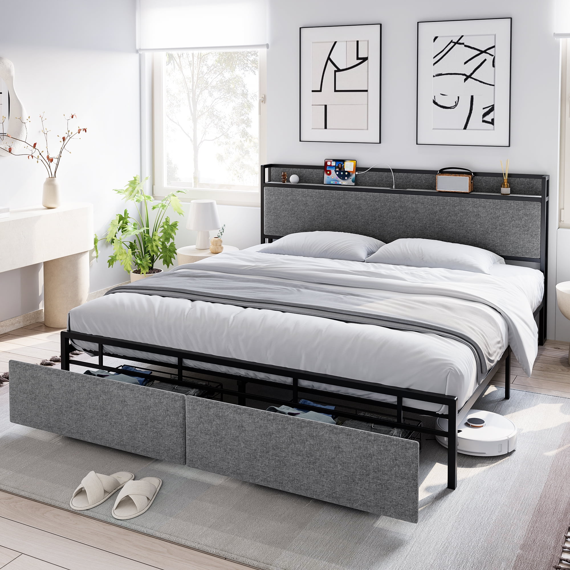 Whizmax King Size Bed Frame, Storage Headboard with Charging Station, Platform Bed Frame with 2 Drawers, No Box Spring Needed, Easy Assembly, Gray Whizmax King Size Bed Frame, Storage Headboard with Charging Station, Platform Bed Frame with 2 Drawers, No Box Spring Needed, Easy Assembly, Gray