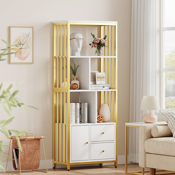 Whizmax Gold Bookshelf with Drawers Modern Bookcase White Storage Rack Shelf Tall Standing Bookshelves Large Display Racks Unique Book Shelf,for Bedroom, Living Room