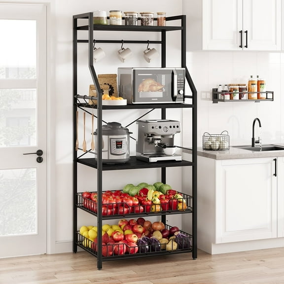 Whizmax Kitchen Bakers Rack, Microwave Oven Stand with 2 Large Wire Basket and Coffee Bar Station, 5-Tier Kitchen Utility Storage Shelf with 8 Hooks-Black+Black