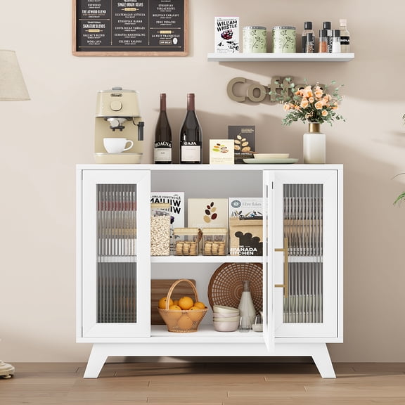 Whizmax Storage Cabinet with Fluted Glass Door, 36" Modern Sideboard Cabinet with 2-Tier Storage, White Accent Cabinet for Kitchen Dining Living Room, White Top