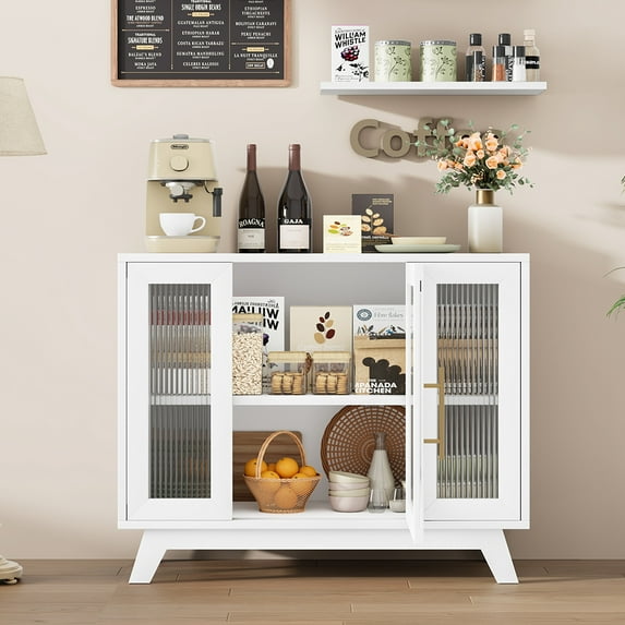 Whizmax Storage Cabinet with Fluted Glass Door, 36" Modern Sideboard Cabinet with 2-Tier Storage, White Accent Cabinet for Kitchen Dining Living Room, White Top